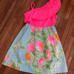 Lilly Pulitzer one shoulder Ruffle top dress girls 8-10 pink blue